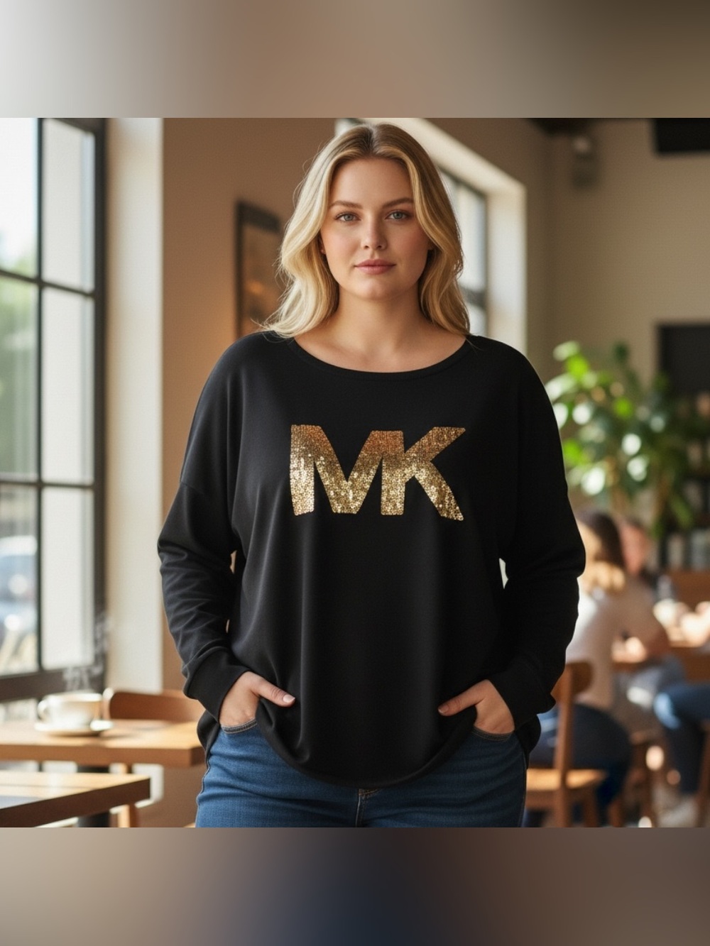 MICHAEL Michael Kors - Size 2x - Black Pullover Gold Sequin MK Emblem Sweater